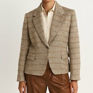 Jones New York Jacket Business Blazer Horn Buttons Workwear Tan Cream 10 Petite